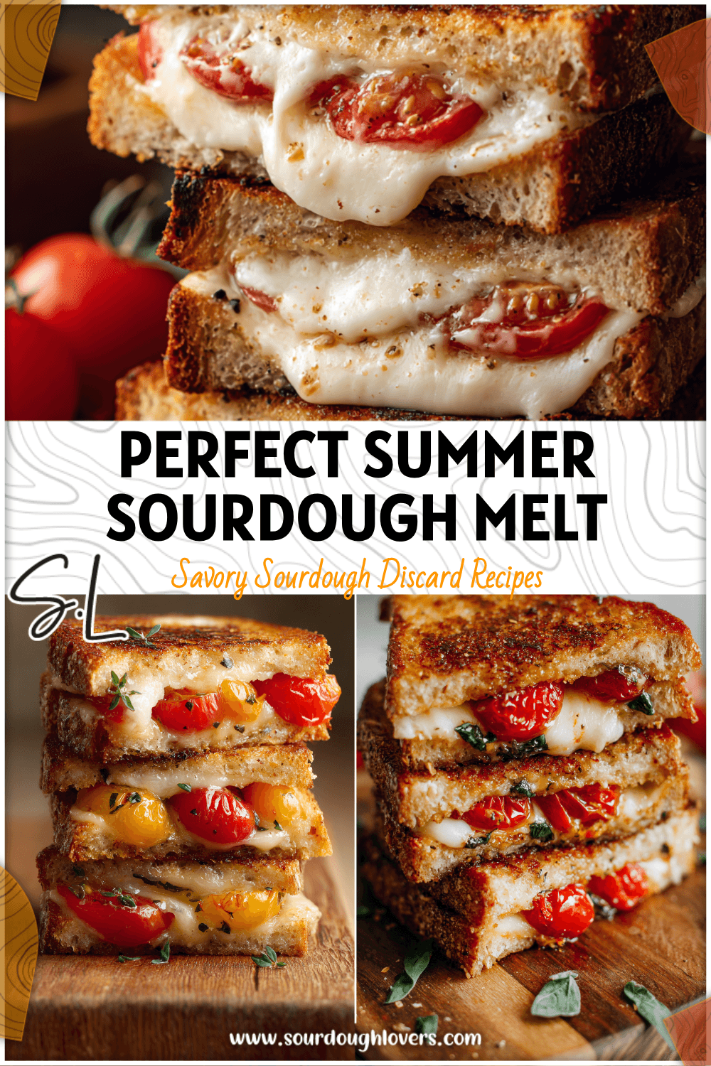 Golden sourdough grilled cheese stacked with melted cheeses and fresh summer tomatoes on a wooden board. 2026